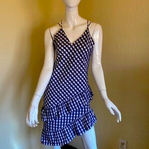 Blue & White gingham asymmetric mini dress with ruffle shirt. Size S